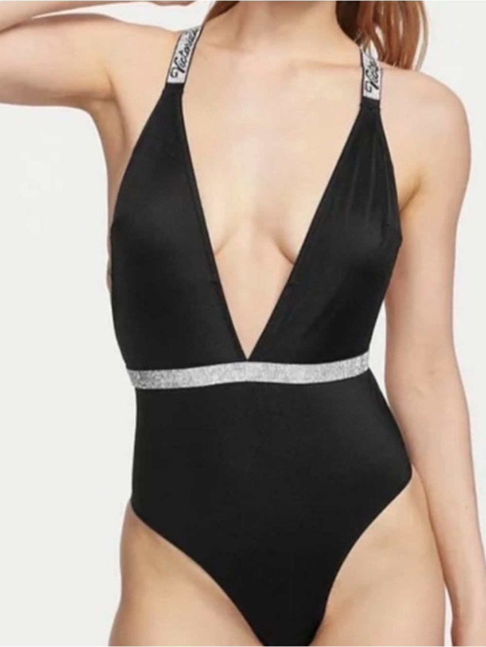 Victoria Secrets Black Deep V One-Piece Swimsuit with Silver Trim rhinestones.